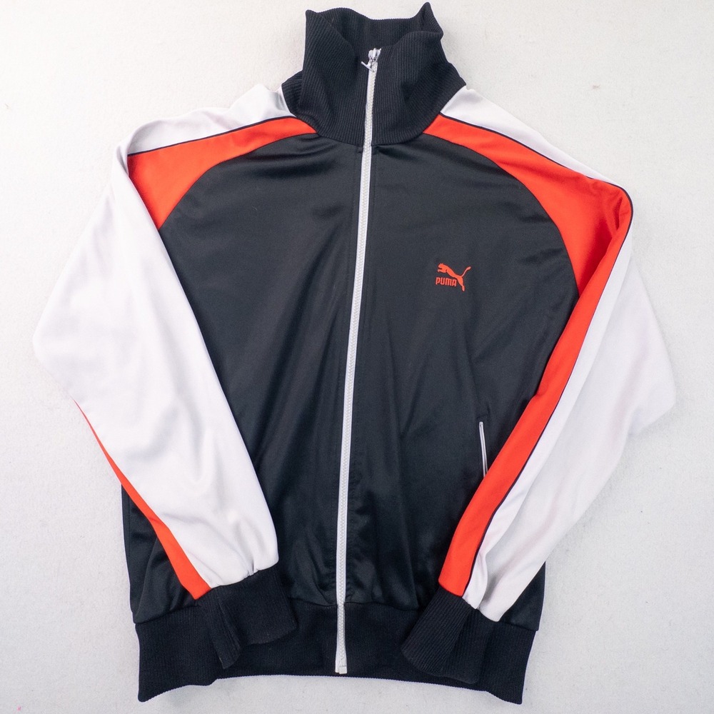 Vintage Puma Track Jacket Black White Orange Full Zip Athletic Retro Mens L